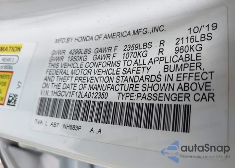 2020 Honda Accord Lx из США, поврежденный, VIN 1HGCV1F12LA012350